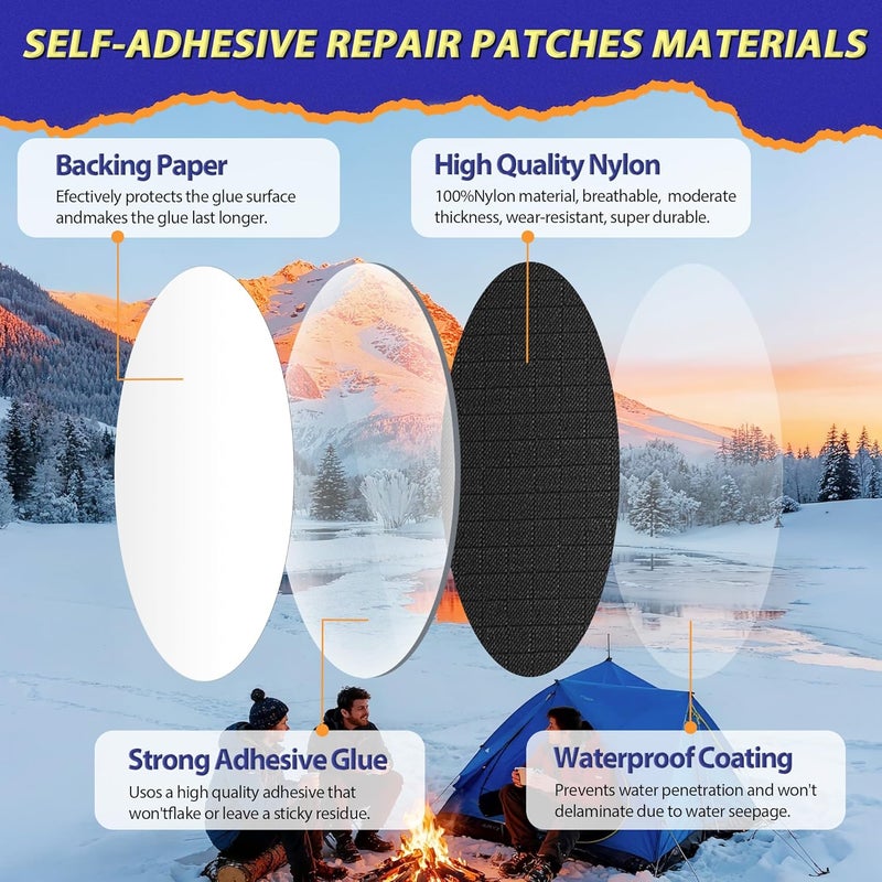 umaini Down Jacket Repair Patch Kit, Outdoor Gear Tenacious Repair Tape, Self Adhesive Fabric Patches for Clothes, Waterproof Ripstop Nylon Fabric Patch for Puffer Jacket, Coat, Tent (18 Pcs, Orange) - Image 3